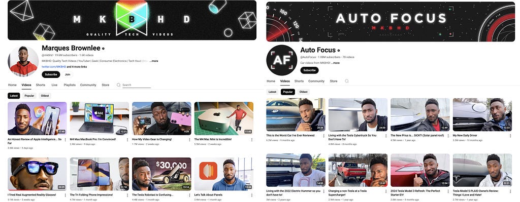 A side-by-side comparison of YouTube channel pages for Marques Brownlee (MKBHD) and his car-focused channel Auto Focus