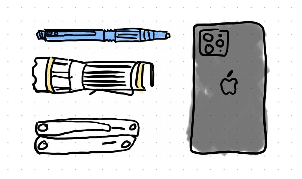 Hand draw illustration of a pen, iPhone, Leatherman multitool, and a flashlight.