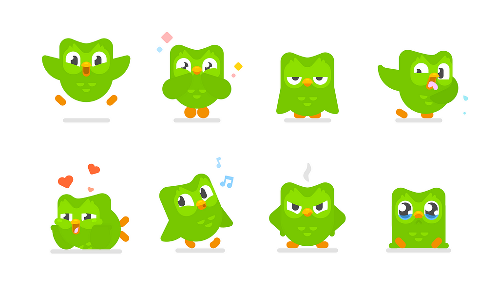 8 different pictures of Duolingo’s mascot, Duo, going through various emotions: Excited, delighted, indifferent, repulsed, in love, whistling, angry, sad