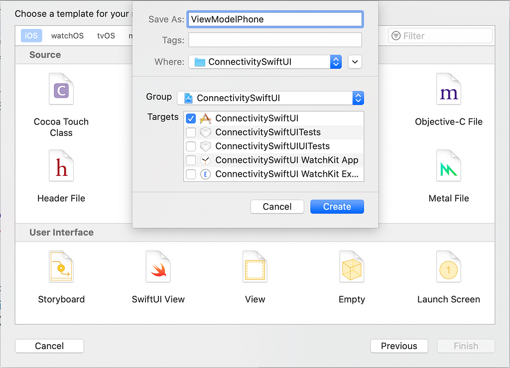 Dialogue window showing the user creating a view controller.