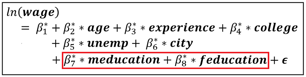 Log of wage regressed on a variety of variables including two IVs: meducation and feducation