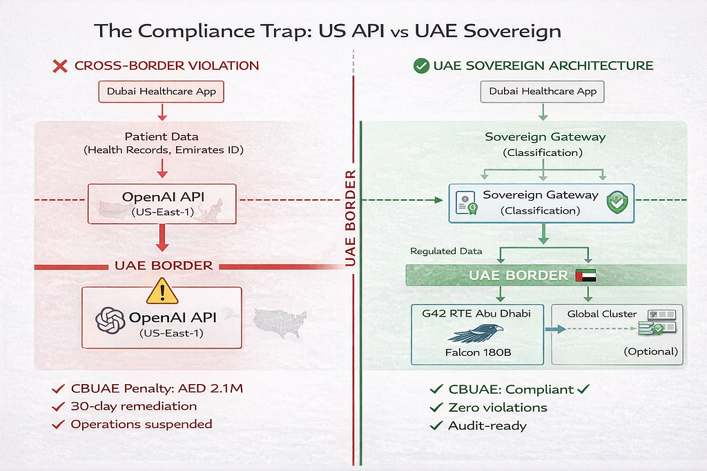 Architecture comparison showing non-compliant cross-border data transfer to US API with AED 2.1M penalty versus compliant UAE sovereign architecture with G42 RTE keeping regulated data in-country