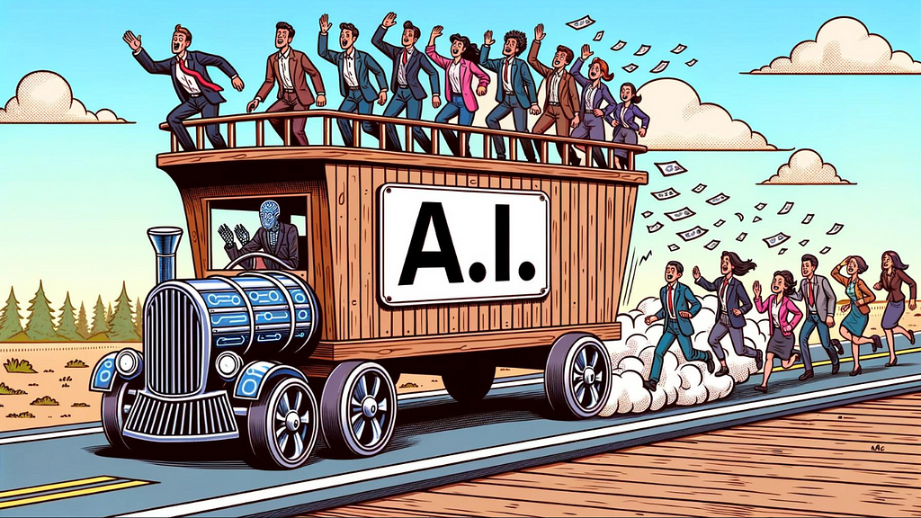 Large groups of folks dressed in business suits chase and jump onto a bandwagon driving away that is labeled “A.I.” with large letters