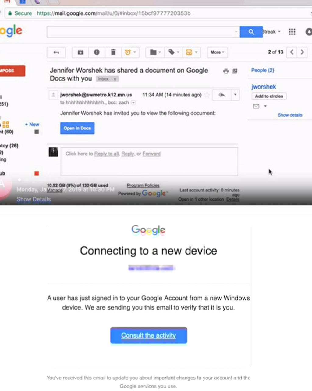 “Screenshot of a Google email interface showing a scam and phishing attempt. The email appears to be from a legitimate source, but contains suspicious content, requesting personal information. Key elements include unusual sender address, urgent language, and links to unrecognized websites.”