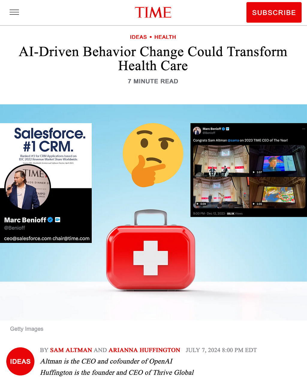 Screenshot of the Time Magazine article “AI-driven Behavior Change Could Transform Health Care” co-authored by Sam Altman juxtaposed with imagery of Marc Benioff praising him