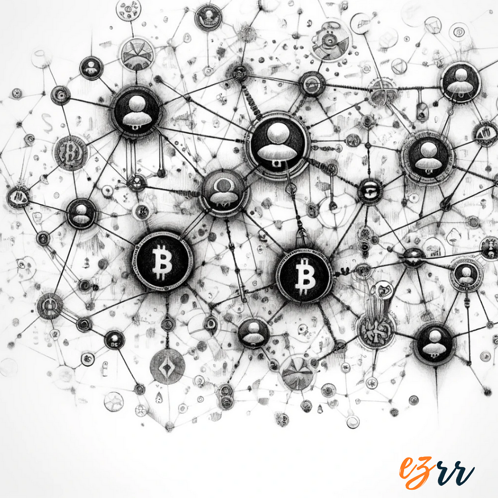 Black and white pencil sketch depicting an intricate network of nodes and edges symbolizing blockchain transactions for anti-money laundering, with icons representing suspicious and licit activities.