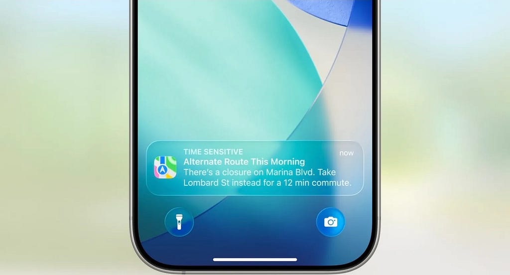 An iPhone screen displaying a time-sensitive Apple Maps notification suggesting an alternate route due to a road closure, with flashlight and camera shortcuts visible at the bottom. Image depicts low contrast scenario.