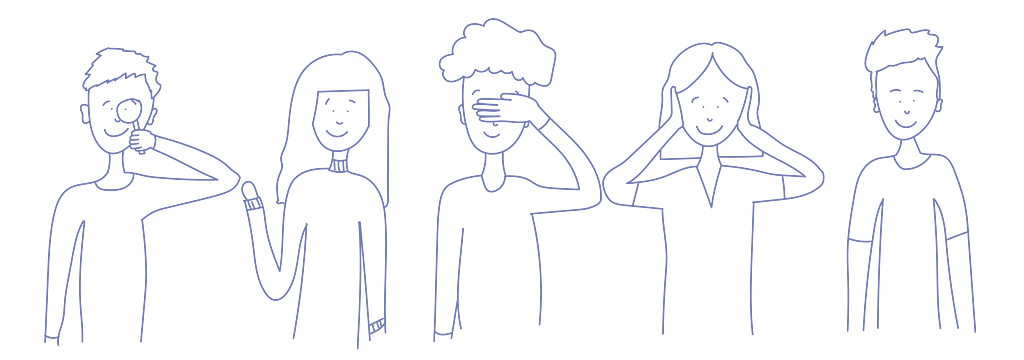 A sketch of five people using gestures to represent different disabilities.