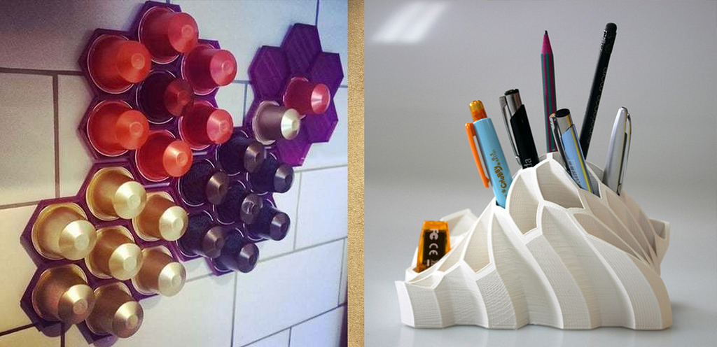 Two photos, the left photo is a hexagon shaped coffee pod holder on a wall. The right is a warped hexagon pen holder.