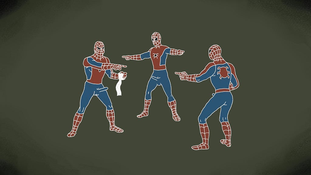 Three Spiderman with erections point at each other like in the meme.
