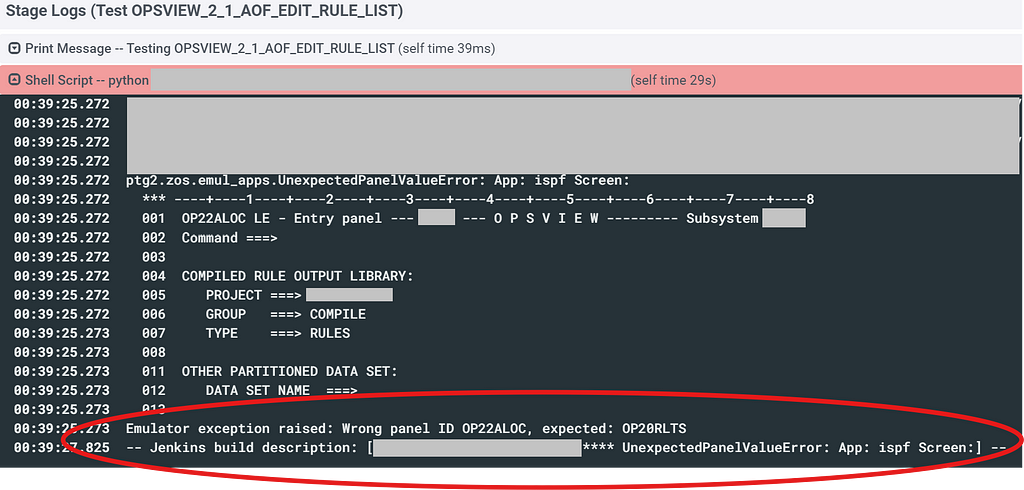 The excerpt of a stage’s console output holding the error that occurred.