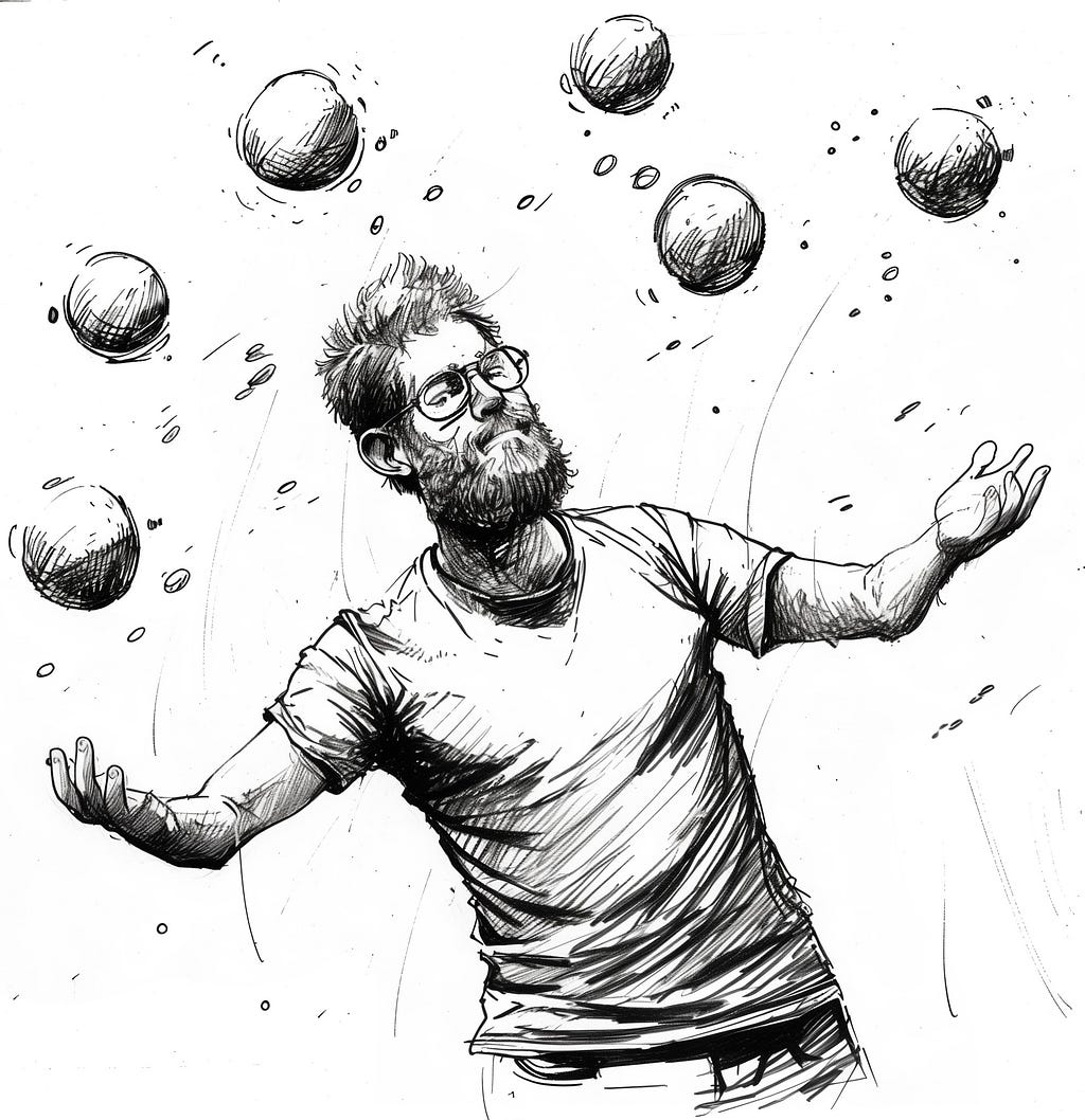 An illustration of a man juggling balls