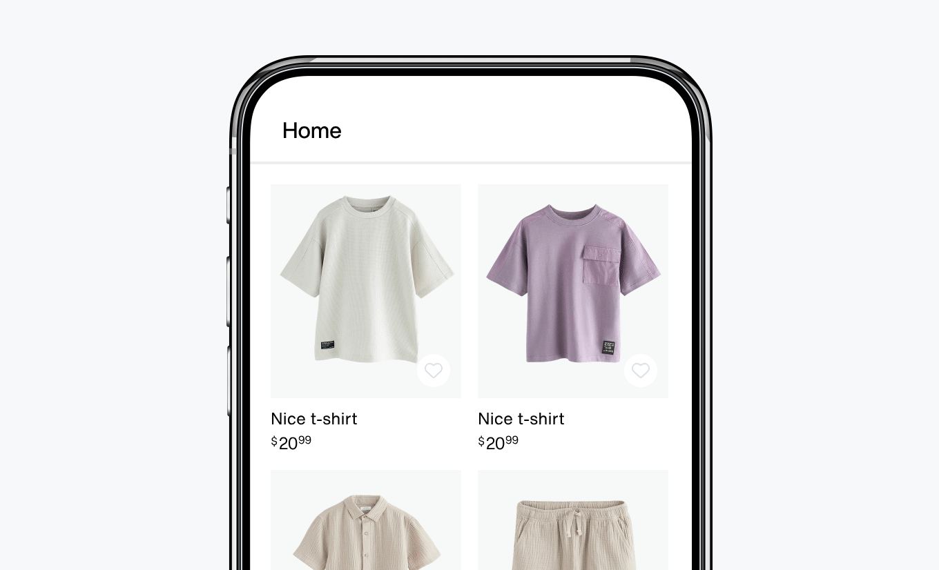 Animated GIF showing a user tapping the heart icon to save a product as favorite, then navigating to view their favorites list.