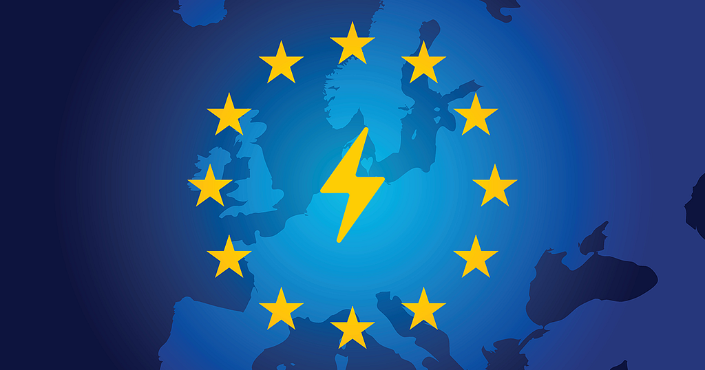A yellow circle of stars against a blue background denoting the EU flag, with a yellow lightning bolt in the center.