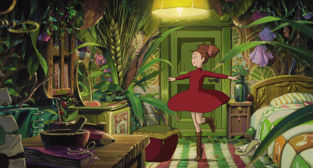 a girl in a red dress dancing in her bedroom filled with plants and flowers