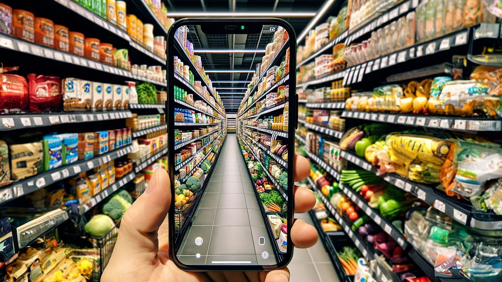 An intricate supermarket aisle captured on an iPhone 12 Max, filled with a diverse array of products ranging from fresh produce to packaged goods.