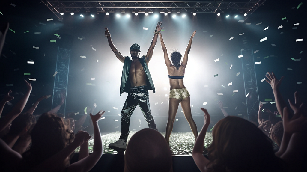 a man and woman as superstars on stage surrounded by cheering fans