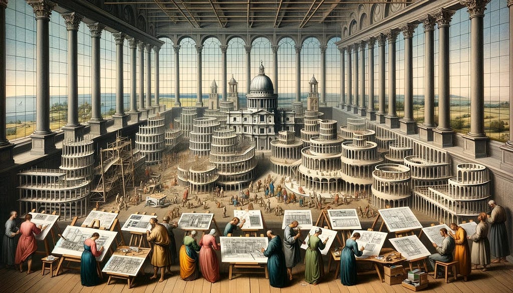 A vast Renaissance-style drafting hall showcases architects working on detailed plans at large tables, with a colossal, tiered structure under construction at the center, bathed in natural light.