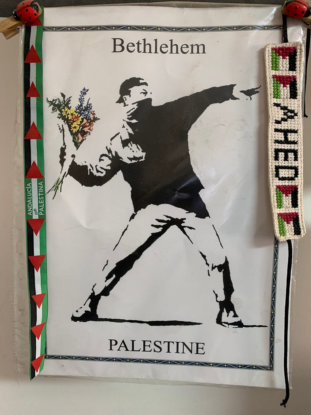 A copy of Banksy’s “Love is in the Air” at the Palestine Museum of Natural History, Bethlehem (Photo by the author, Oct. 5. 2023).