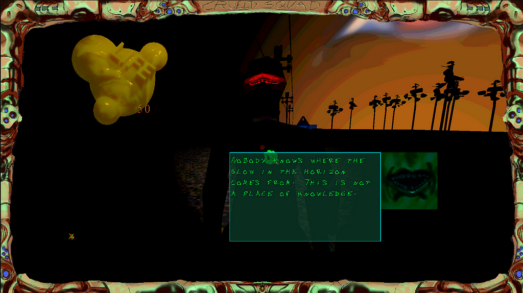 Screenshot of Cruelty Squad, featuring the player speaking to a figure shrouded in darkness. The figure says “NOBODY KNOWS WHERE THE SLOW IN THE HORIZON COMES FROM. THIS IS NOT A PLACE OF KNOWLEDGE.”