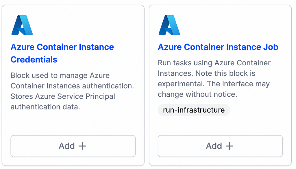 A screenshot of the two new blocks for working with Azure Container Instances