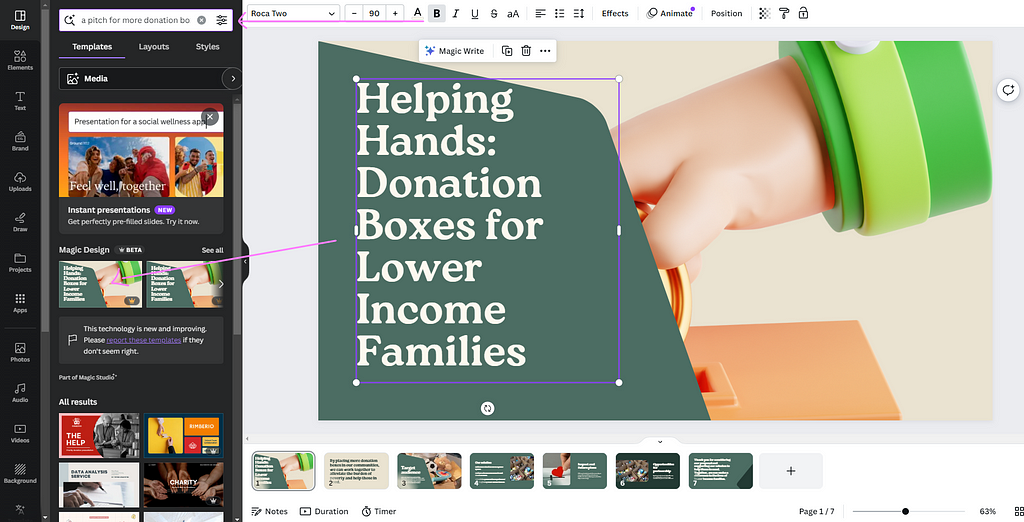 A Magic Design generated presentation about pitching for more donation boxes for lower income families.