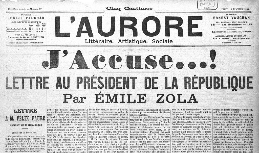 French newspaper front page from 1898 with the headline J’accuse