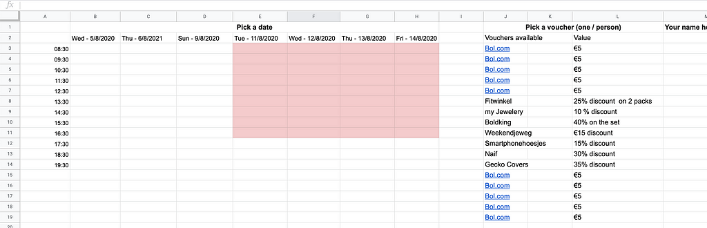 Google sheet ready to be filled in by participants. It has 2 sections: time slots and available vouchers.