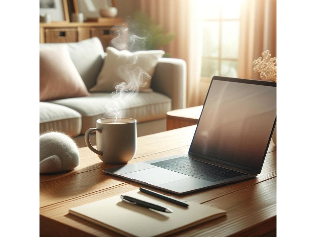 A serene home office setup with a steaming mug of coffee next to a laptop, symbolizing the comfort and flexibility of remote work.