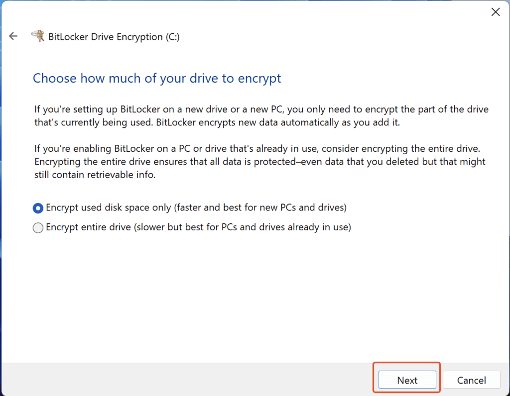 Select how much of your drive to encrypt and click on ‘Next’