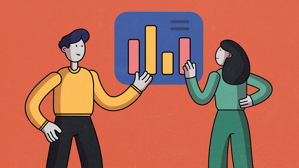 Illustration: Two people are looking at a graph