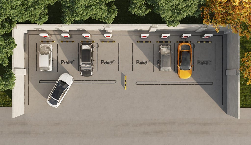 A bird’s eye view image of electric cars parked and looking for parking with Parknav