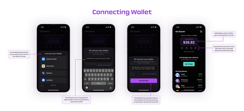 Wallet connecting flow screens of the app