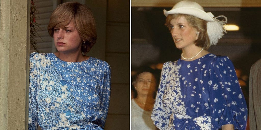 Emma Corrin in “The Crown” and Princess Diana at City Hall in Brisbane, Australia, April 11, 1983.