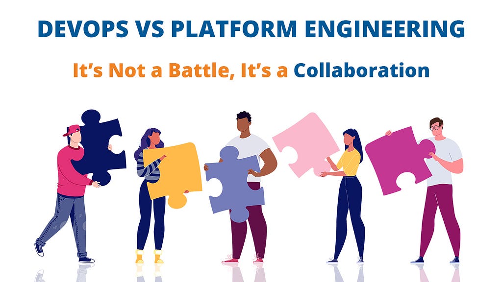 Illustrative graphic of DevOps vs Platform Engineering with diverse characters collaborating by fitting puzzle pieces together, emphasizing teamwork over competition. — JUTEQ Inc