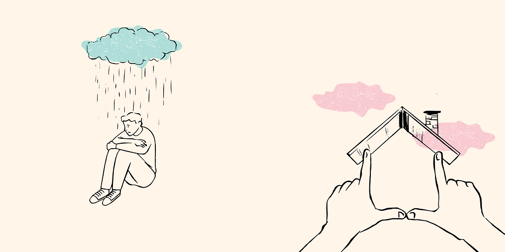A picture of two illustrations: a person under a rainy cloud and two hands creating a house shape.