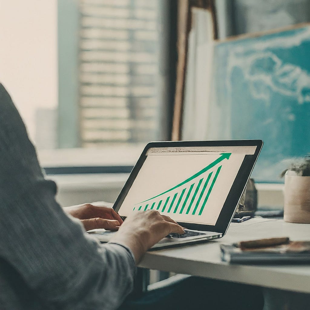 A person sitting at a desk, typing on a laptop which displays a green upward trending graph on its screen. The background shows a window and some office supplies, suggesting a home office or workplace setting.