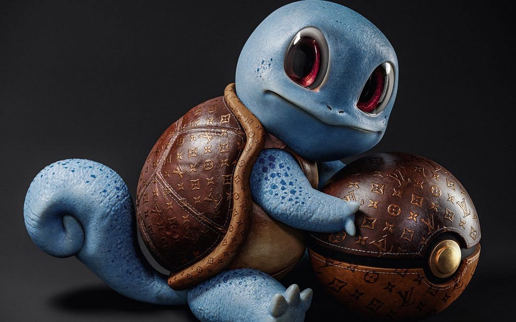 Pokémon character Squirtle with a Louis Vuitton branded turtle shell holding a matching branded Poke Ball.