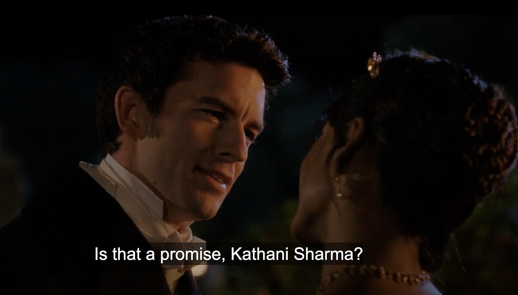 An image from Bridgerton season 2, which depicts Anthony Bridgerton saying to Kate “Kathani” Sharma “Is that a promise, Kathani Sharma?”