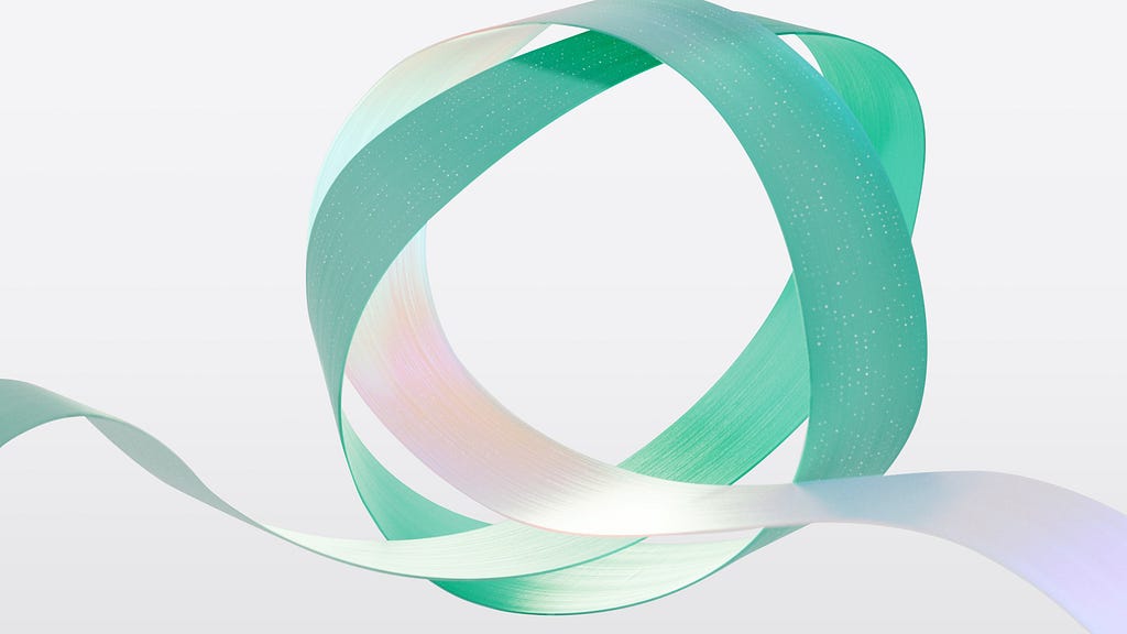 A green and white hued digital ribbon in the shape of an interconnected circle unfurling outward — a second exploration of how to depict the cloud’s abilities.