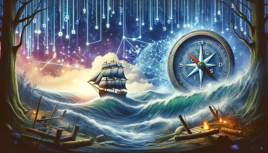 wide-angle editorial illustration depicting the journey of exploration and discovery in data analytics, blending the elements of ancient navigation with modern digital data exploration. This image creatively visualizes the mastery over the “data ocean” with a ship navigating through waves of bits and bytes, guided by a compass with the SQL logo at its heart, under a sky mixed with star constellations and digital networks