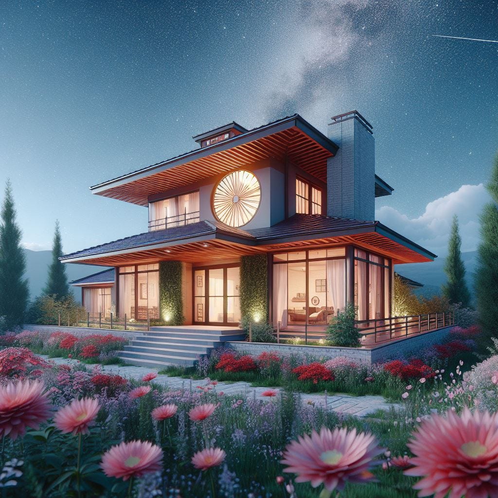 A fancy house designed by Itachi uchiha with flower in the background, starry night, Trending on artstation, octane render, path tracing, breathtaking landscape, highly detailed, hyperrealistic, cinematic lighting, 8k