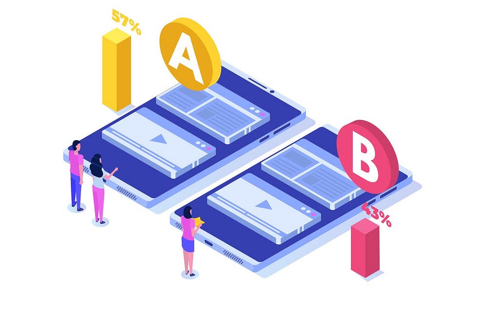 Isometric illustration of a/b testing two web designs on mobile