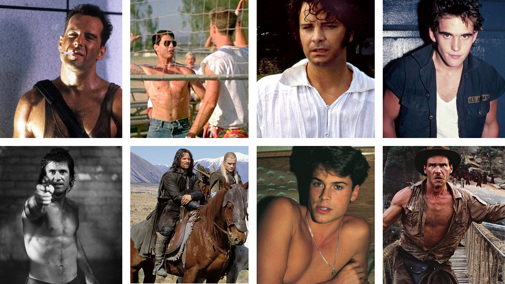 A series of images that show an average male body type from movies in the 1980–1990s. Bruce Willis, Tom Cruise, Coln Firth, Mat Dillon, Mel Gibson, Viggo Mortessen, Rob Lowe and Harrison Ford. They are all in good shape, and look fit and healthy, but none of them are as big or as muscular as actors today are.