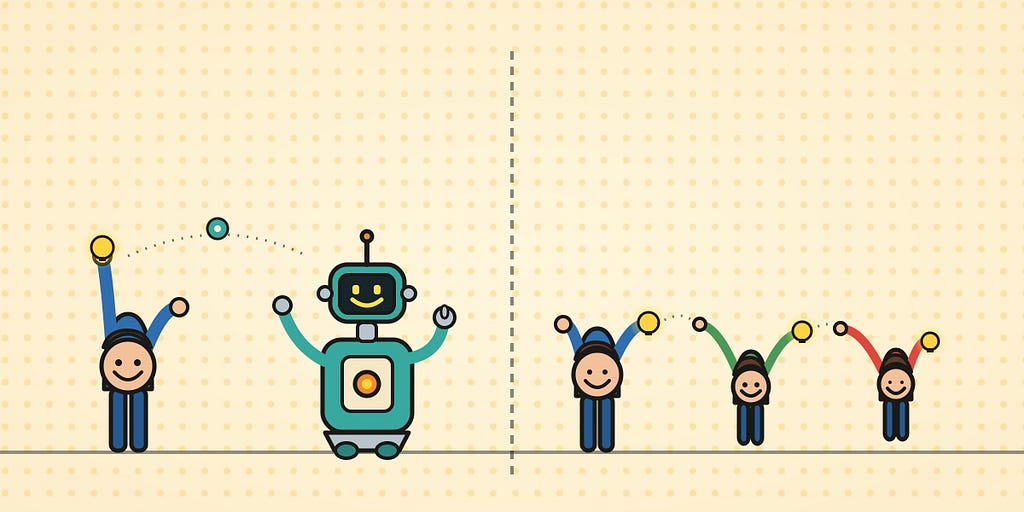 A split cartoon. On the left, a founder tosses a glowing thought into a happy teal robot. On the right, another founder passes the same glowing thought hand to hand down a line of coworkers.