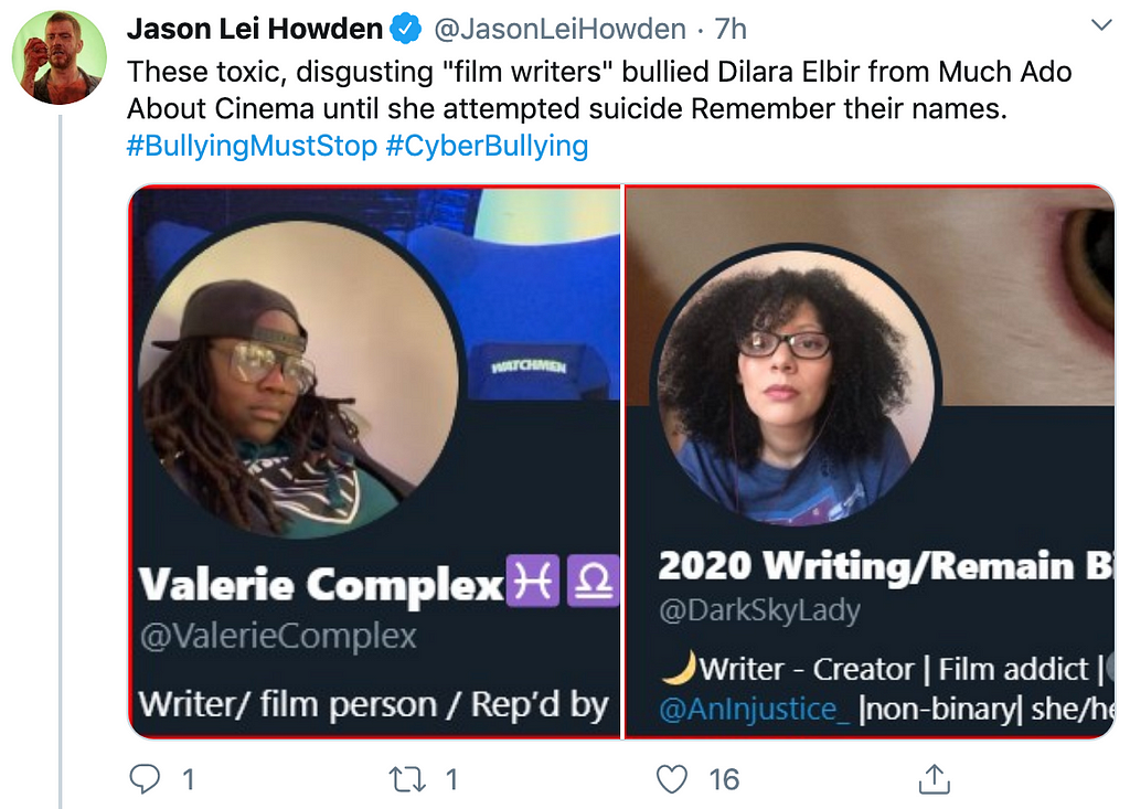 A tweet from Jason Lei Howden’s twitter accusing two film writers of bullying Dilara Elbir.