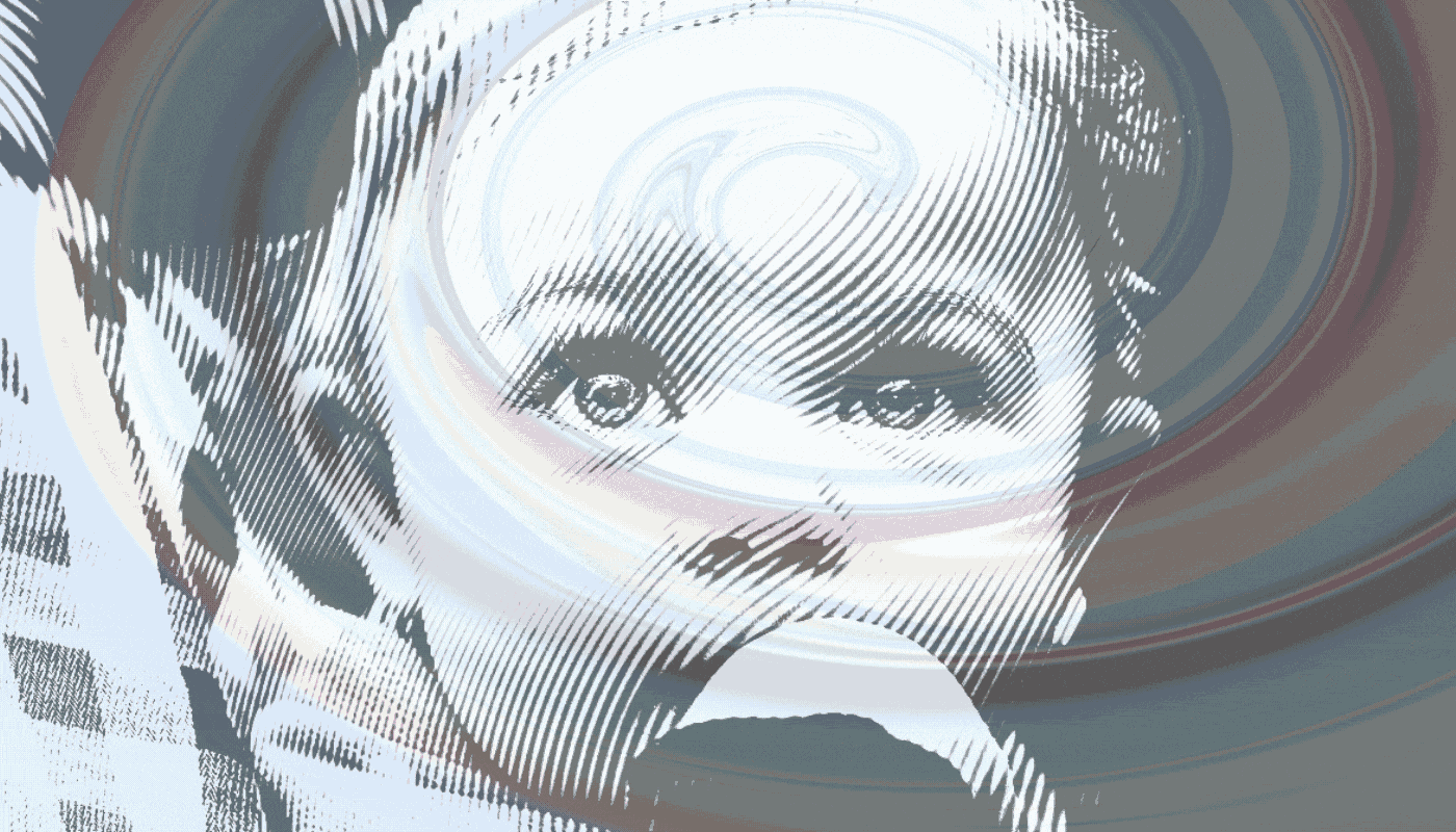 An infant receives a data download into its mind, represented as a swishy, colorful spiral terminating at its left eye