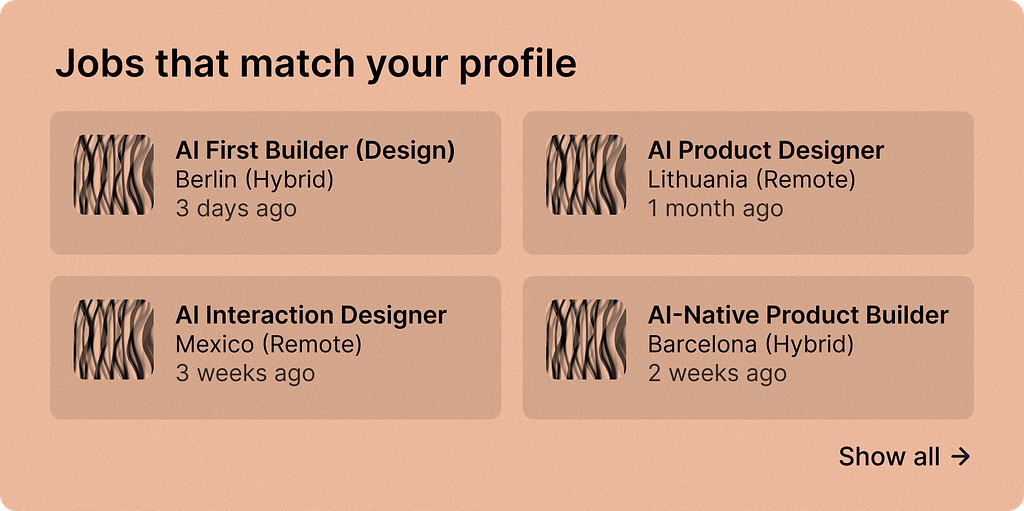 Job board panel showing four AI-focused design roles — AI Product Designer, AI Experience Designer and similar — across different countries.
