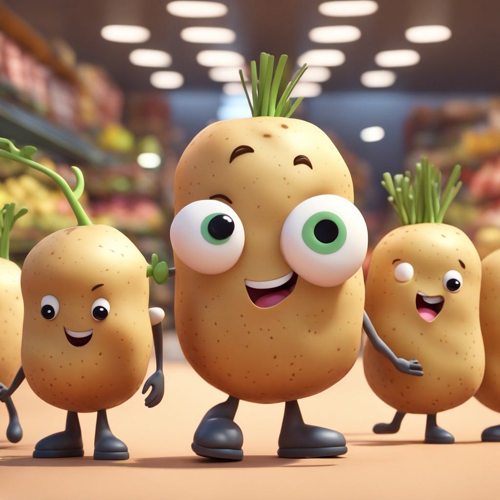 Image of three potatoes with two big eyes going for a walk in the supermarket.