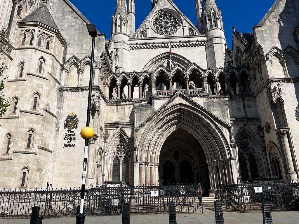 A photo taken outside the The Royal Courts of Justice in London.